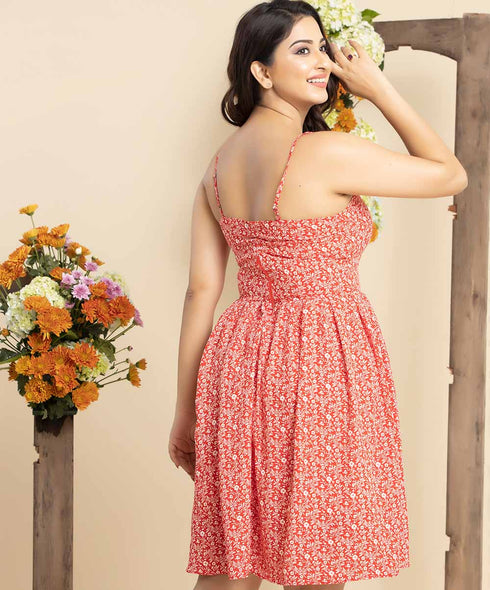 Red Halter Neck Strappy Printed Dress